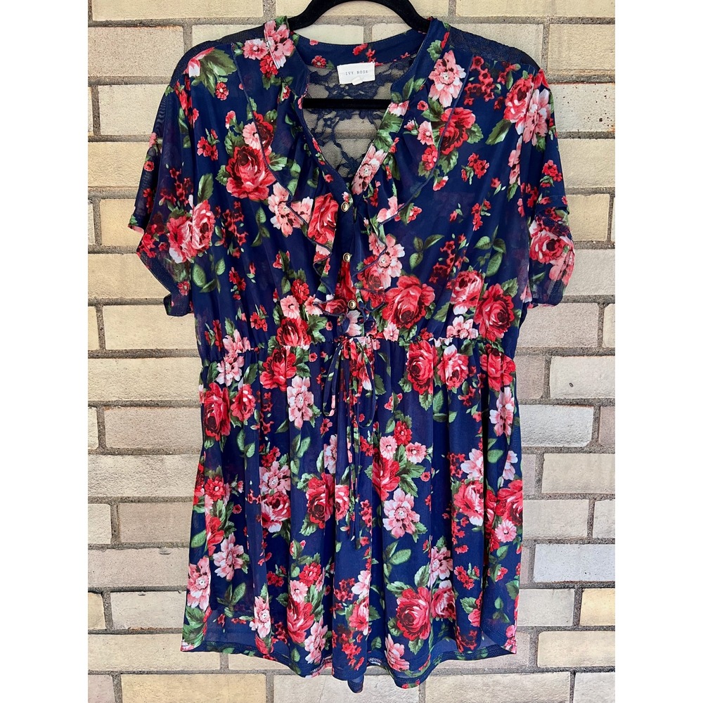 Ivy Rose Navy Blue Floral Ruffle Drawstring Waist Lace Yoke Mesh Top Size 1X 2X